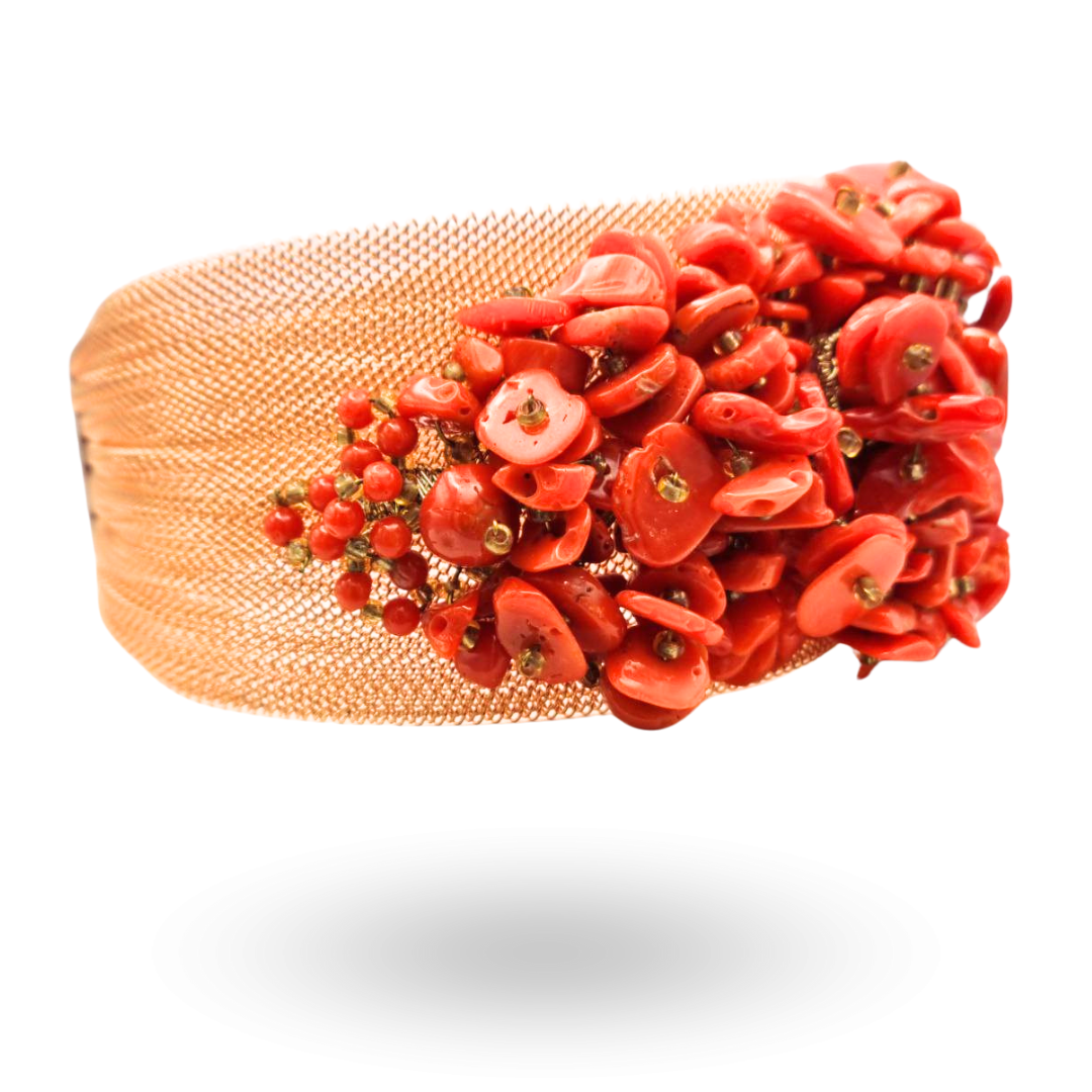 Bracciale a grappolo con maglia a rete in Acciaio rosato con Corallo rosso Mediterraneo