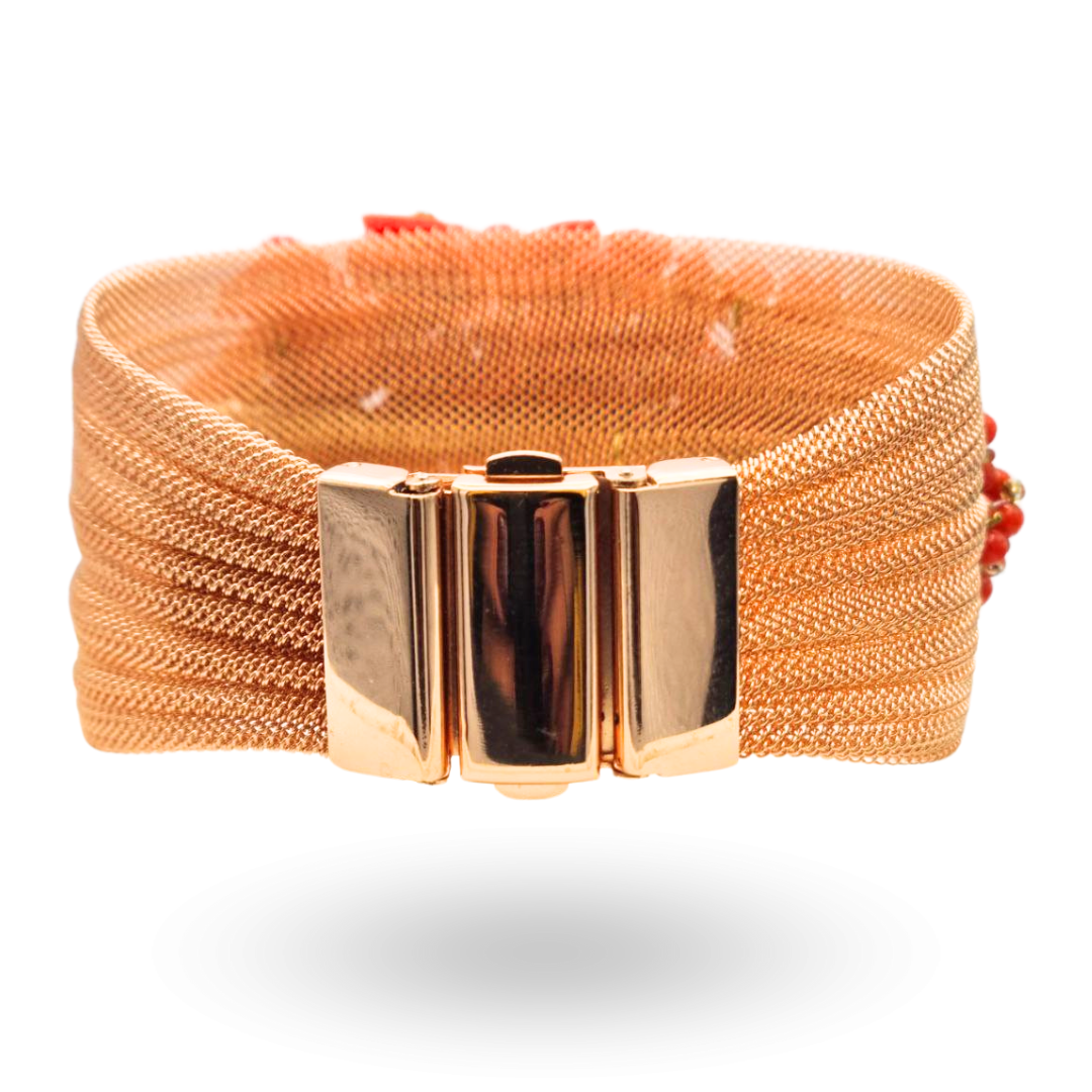 Bracciale a grappolo con maglia a rete in Acciaio rosato con Corallo rosso Mediterraneo