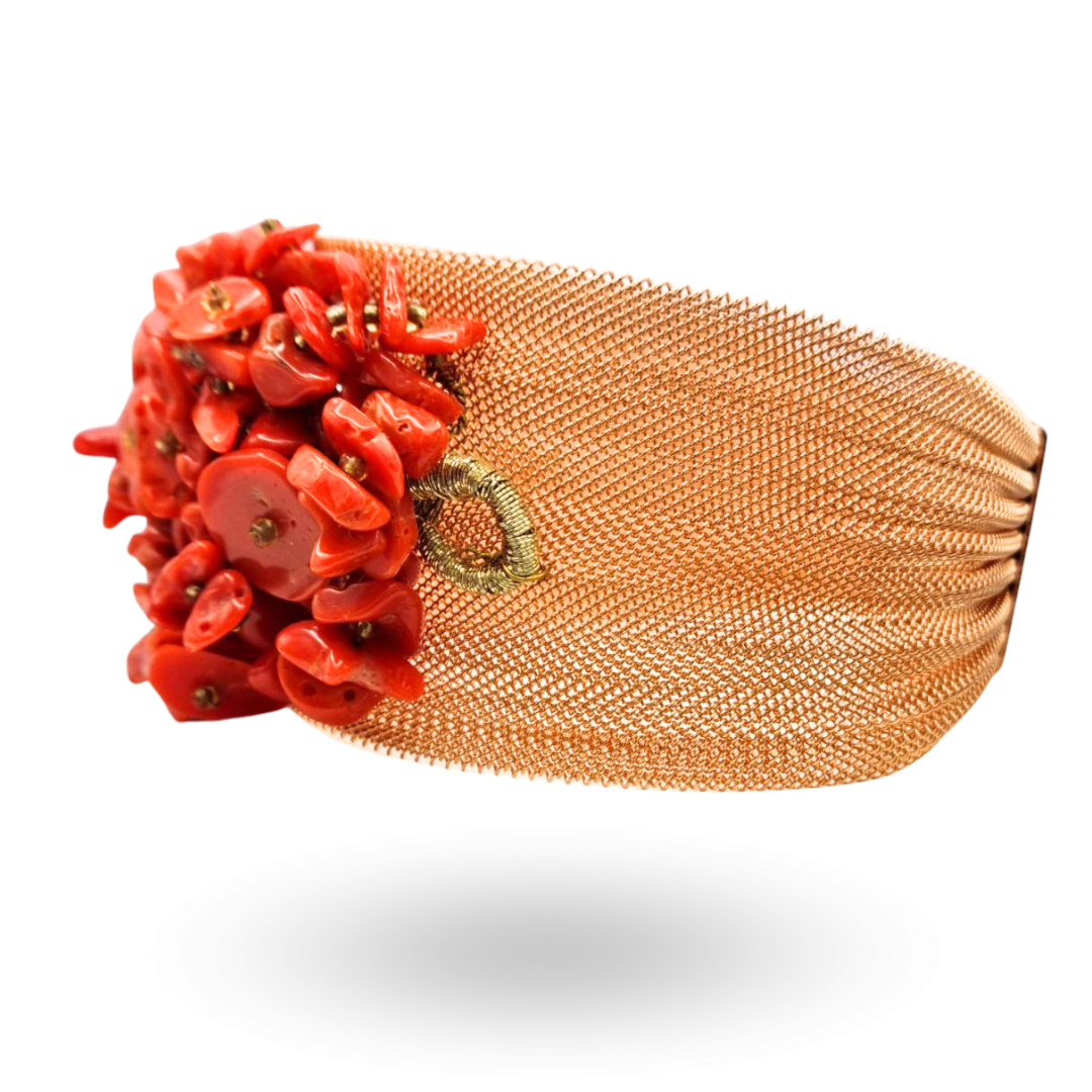 Bracciale a grappolo con maglia a rete in Acciaio rosato con Corallo rosso Mediterraneo