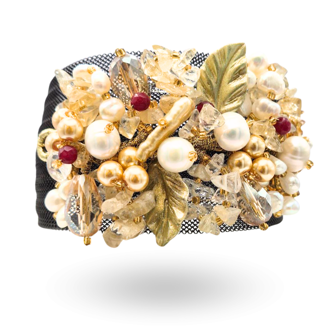 Bracciale a grappolo in Acciaio con Quarzi cetrini, Granati, Perle e Pietre naturali - Variante Black