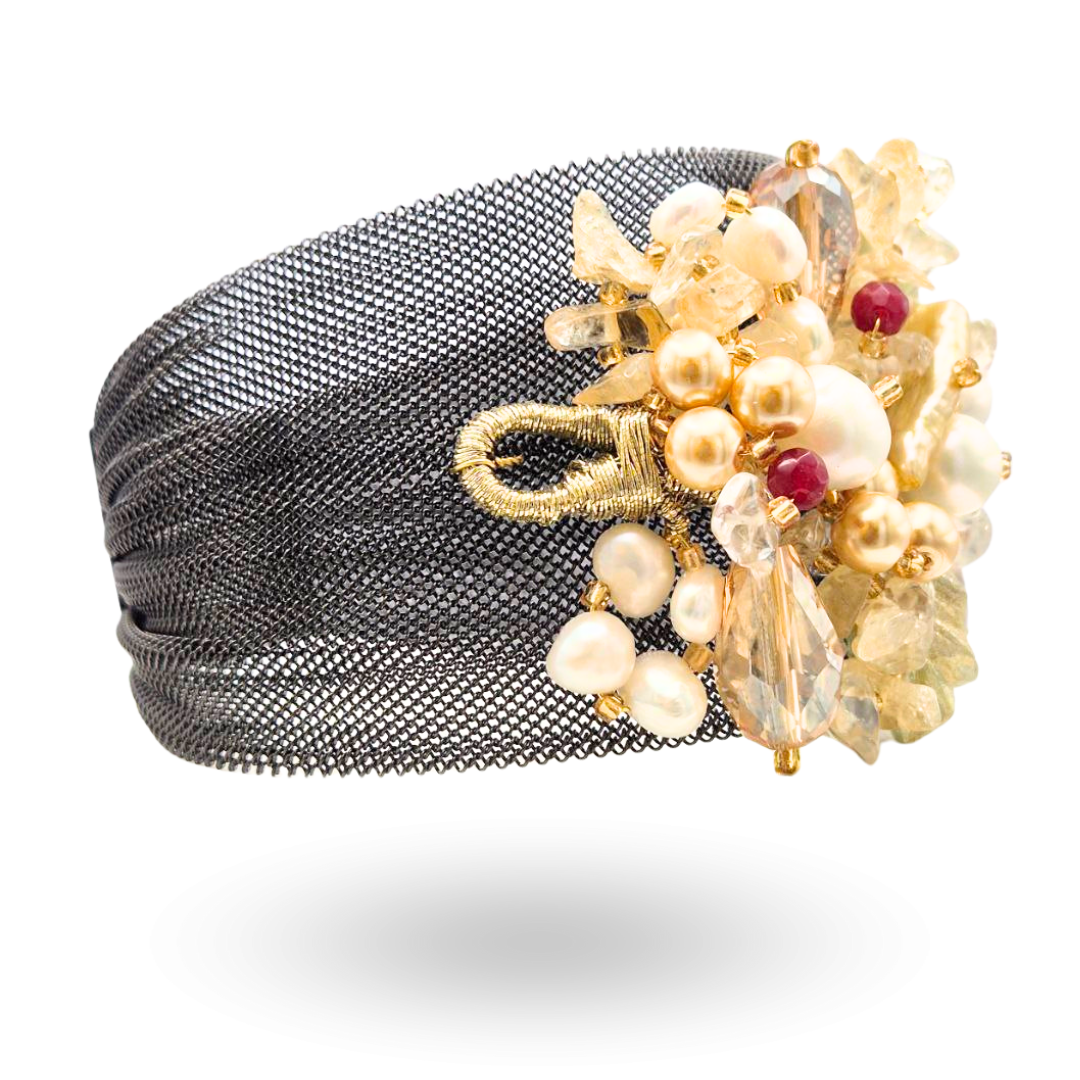Bracciale a grappolo in Acciaio con Quarzi cetrini, Granati, Perle e Pietre naturali - Variante Black