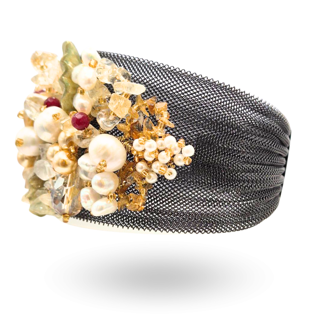 Bracciale a grappolo in Acciaio con Quarzi cetrini, Granati, Perle e Pietre naturali - Variante Black