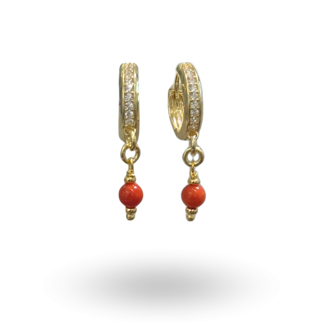 Orecchini in Argento 925 dorato a cerchietto, zirconati, con pendente in Perla, Malachite, Corallo, Lapis, Giada, Onice o Pasta di Turchese