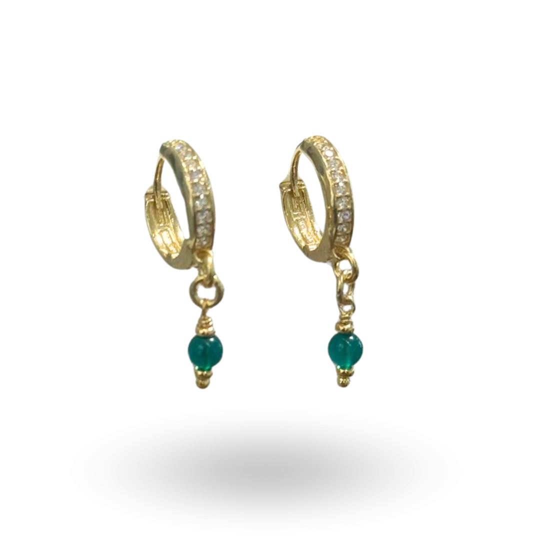Orecchini in Argento 925 dorato a cerchietto, zirconati, con pendente in Perla, Malachite, Corallo, Lapis, Giada, Onice o Pasta di Turchese