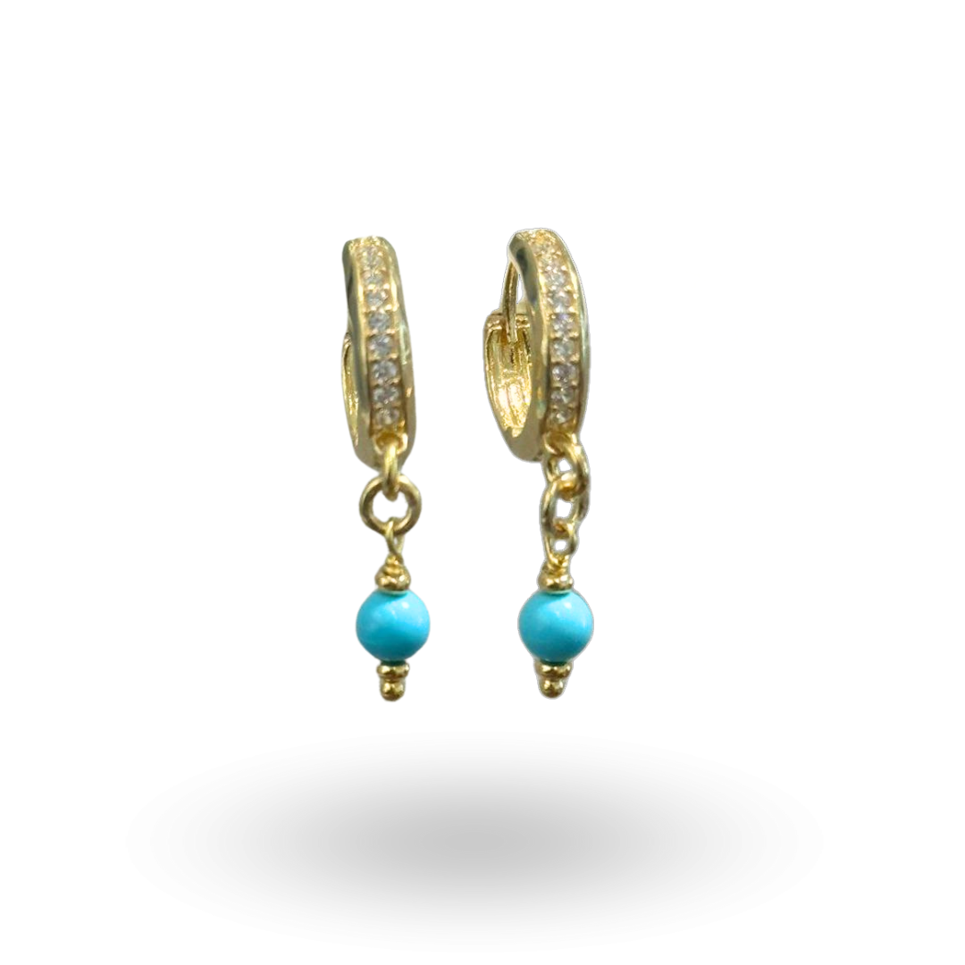 Orecchini in Argento 925 dorato a cerchietto, zirconati, con pendente in Perla, Malachite, Corallo, Lapis, Giada, Onice o Pasta di Turchese