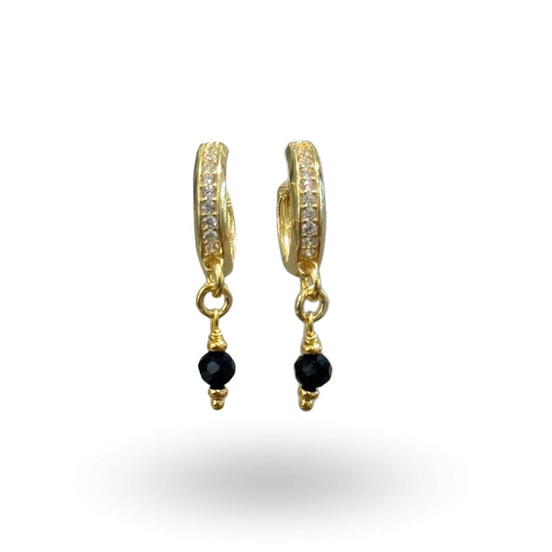 Orecchini in Argento 925 dorato a cerchietto, zirconati, con pendente in Perla, Malachite, Corallo, Lapis, Giada, Onice o Pasta di Turchese
