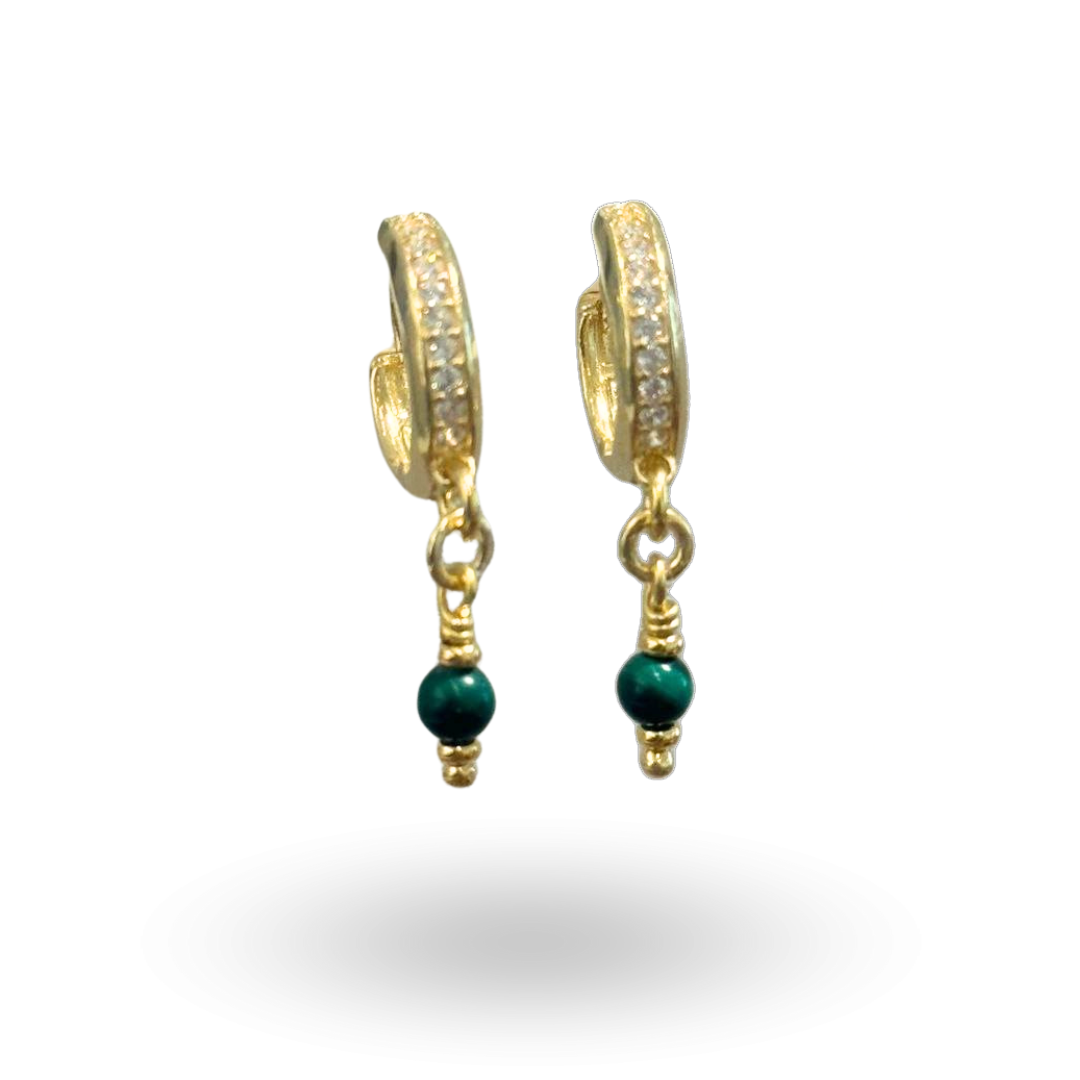 Orecchini in Argento 925 dorato a cerchietto, zirconati, con pendente in Perla, Malachite, Corallo, Lapis, Giada, Onice o Pasta di Turchese
