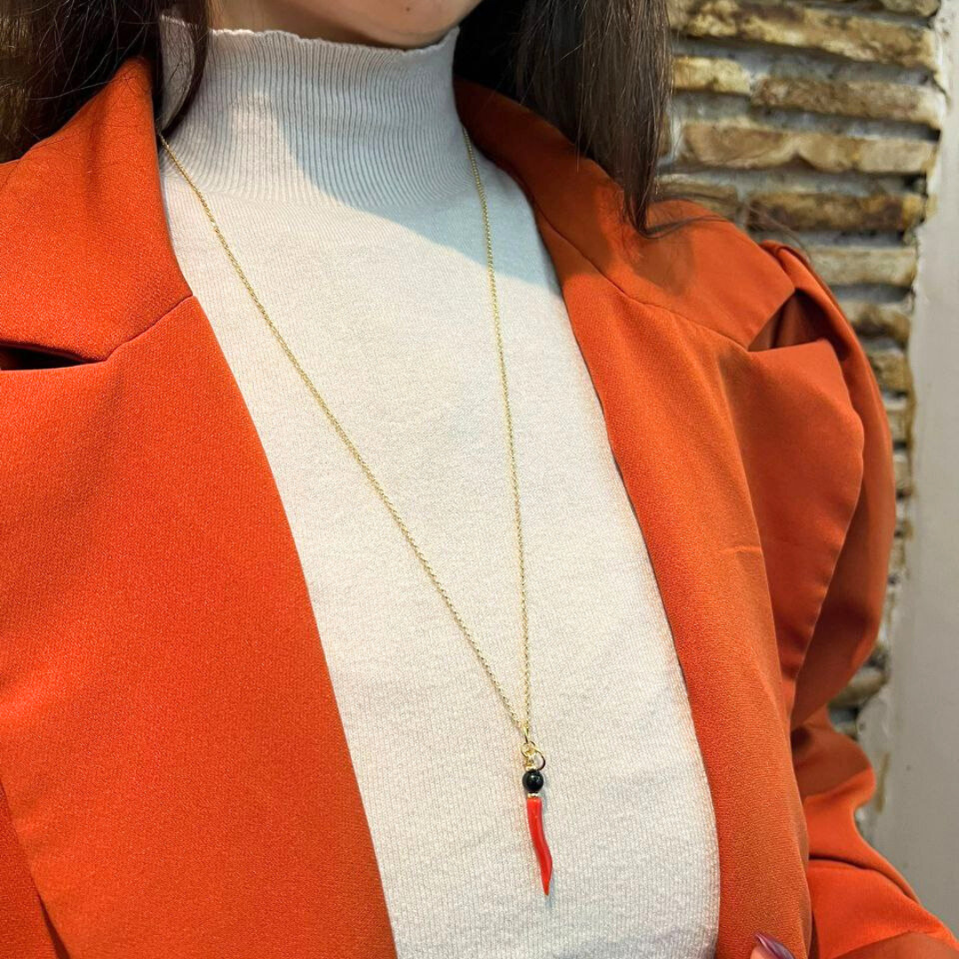 Collana in Argento 925 bagnato in Oro 18Kt con Corno in Corallo e Perla