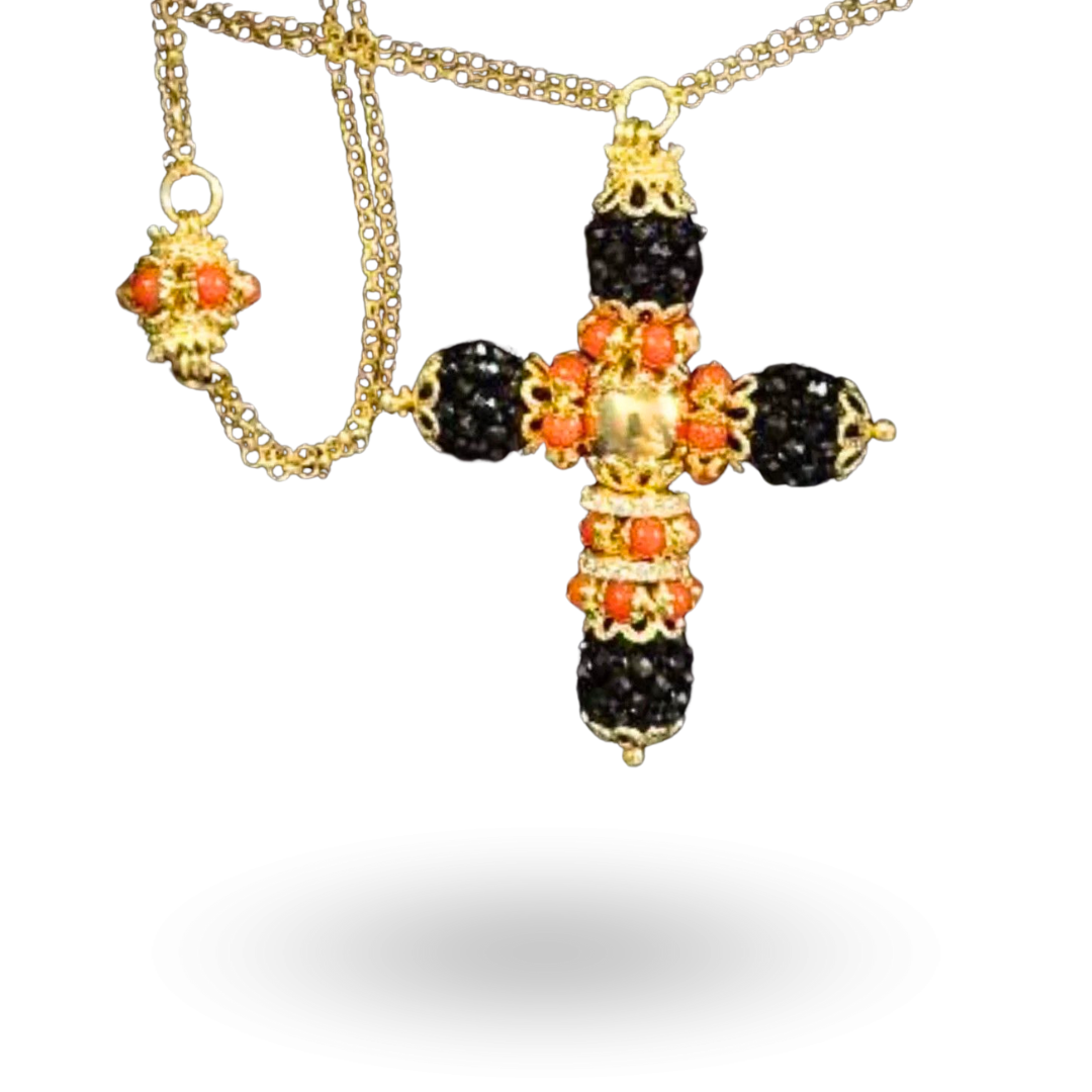 Collana in Argento 925 dorato con Croce modello More con coroncine in Giada
