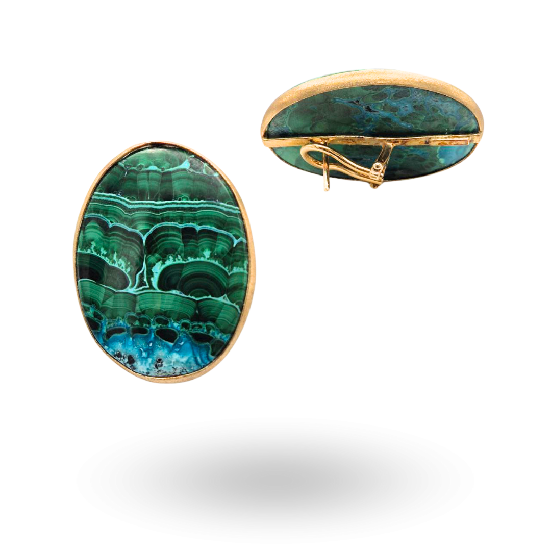 Orecchini in Argento 925 dorato satinato con piastre ovali in Malachite