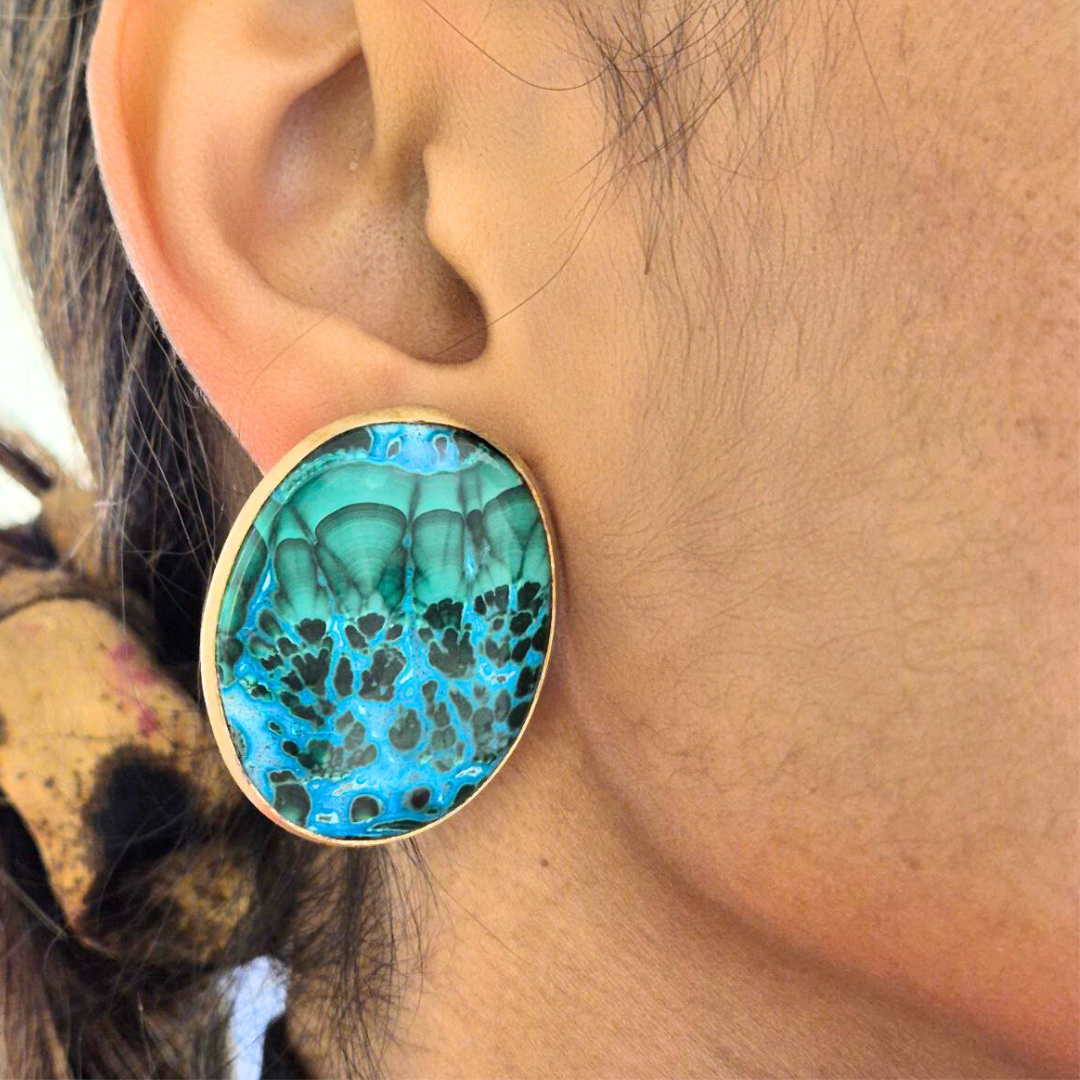 Orecchini in Argento 925 dorato satinato con piastre ovali in Malachite