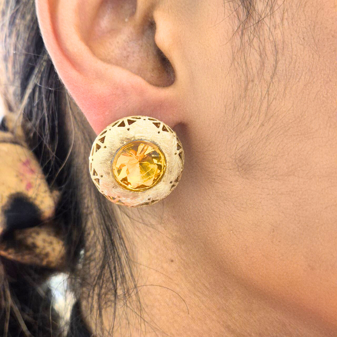 Orecchini in Argento 925 dorato satinato tondi con Quarzo idrotermale giallo