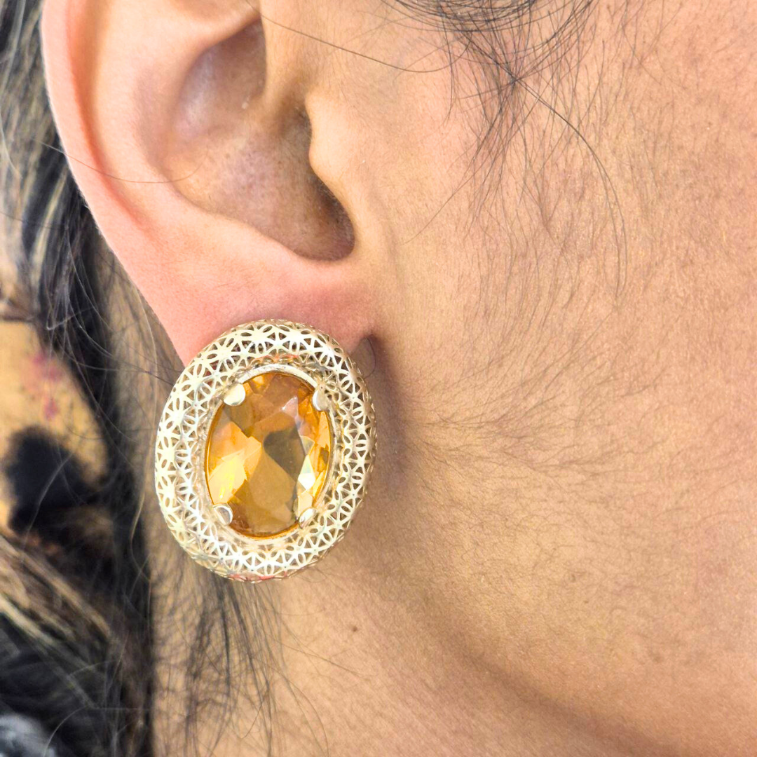 Orecchini in Argento 925 dorato traforato ovali con Quarzo idrotermale giallo