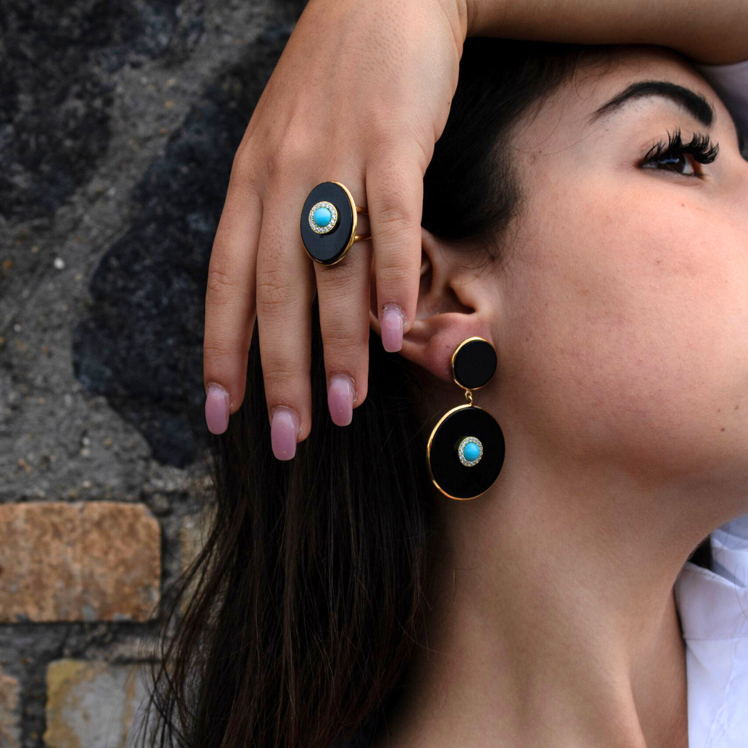 Bague en argent 925 doré avec plaque ovale en onyx et turquoise