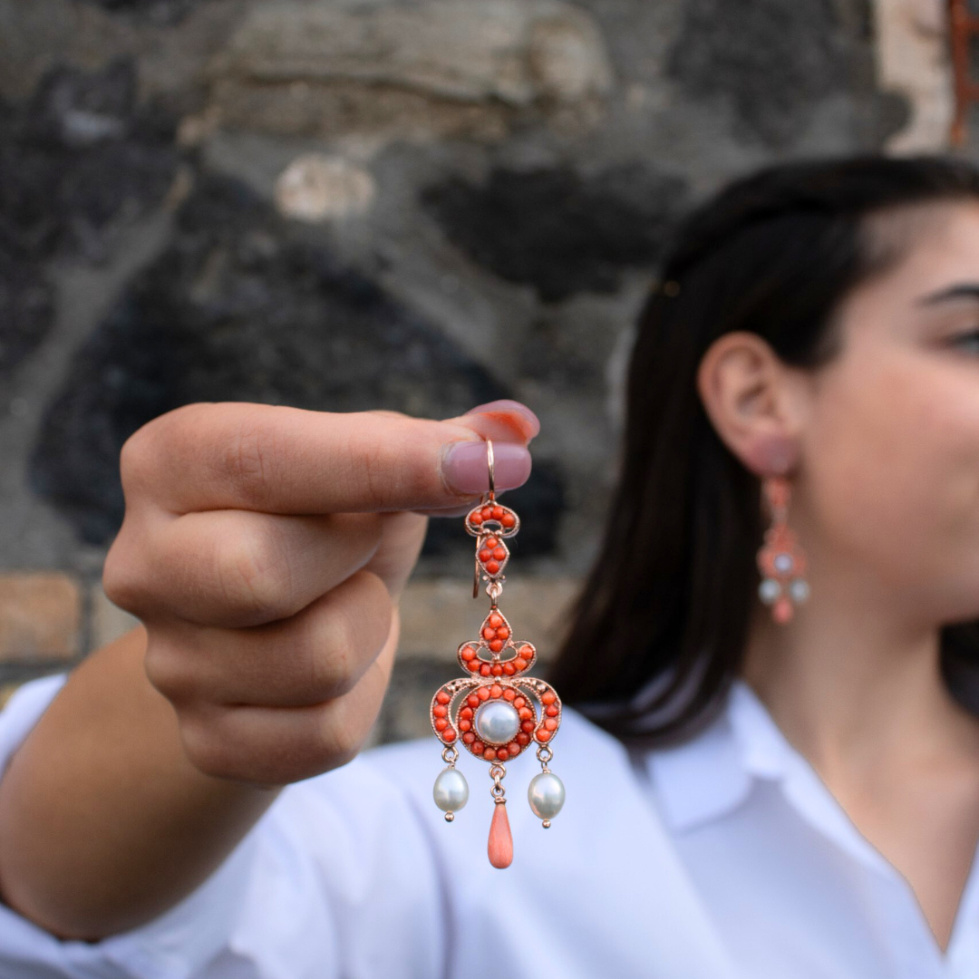 Boucles d'oreilles en Argent 925 rosé avec Perles et goutte de Corail Sciacca
