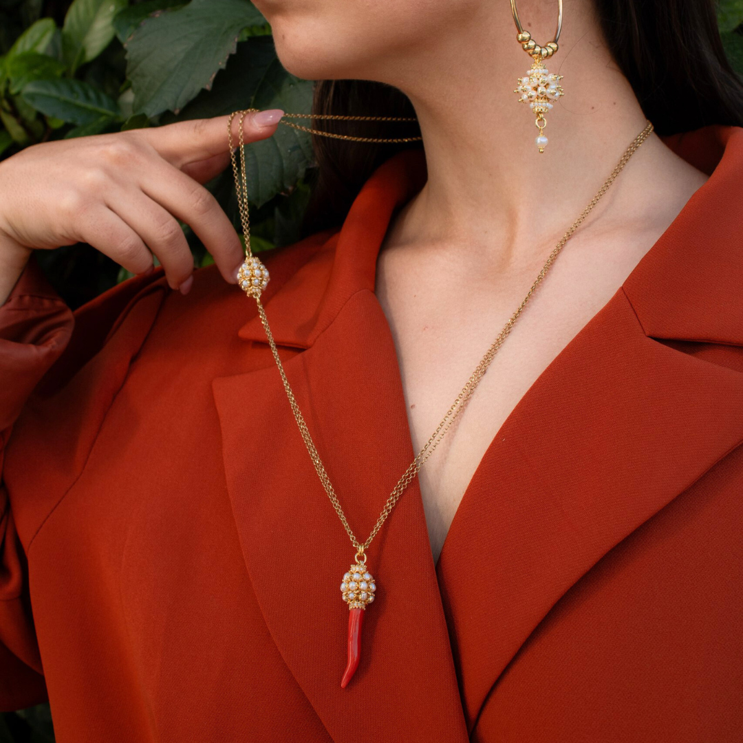 Collier en Argent 925 Or avec Corne de Corail et Couronnes de Perles