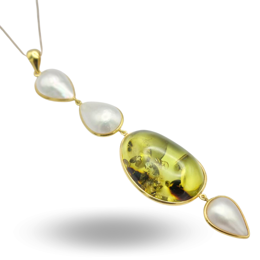 Ciondolo in Argento 925 dorato con Ambra verde e Perle