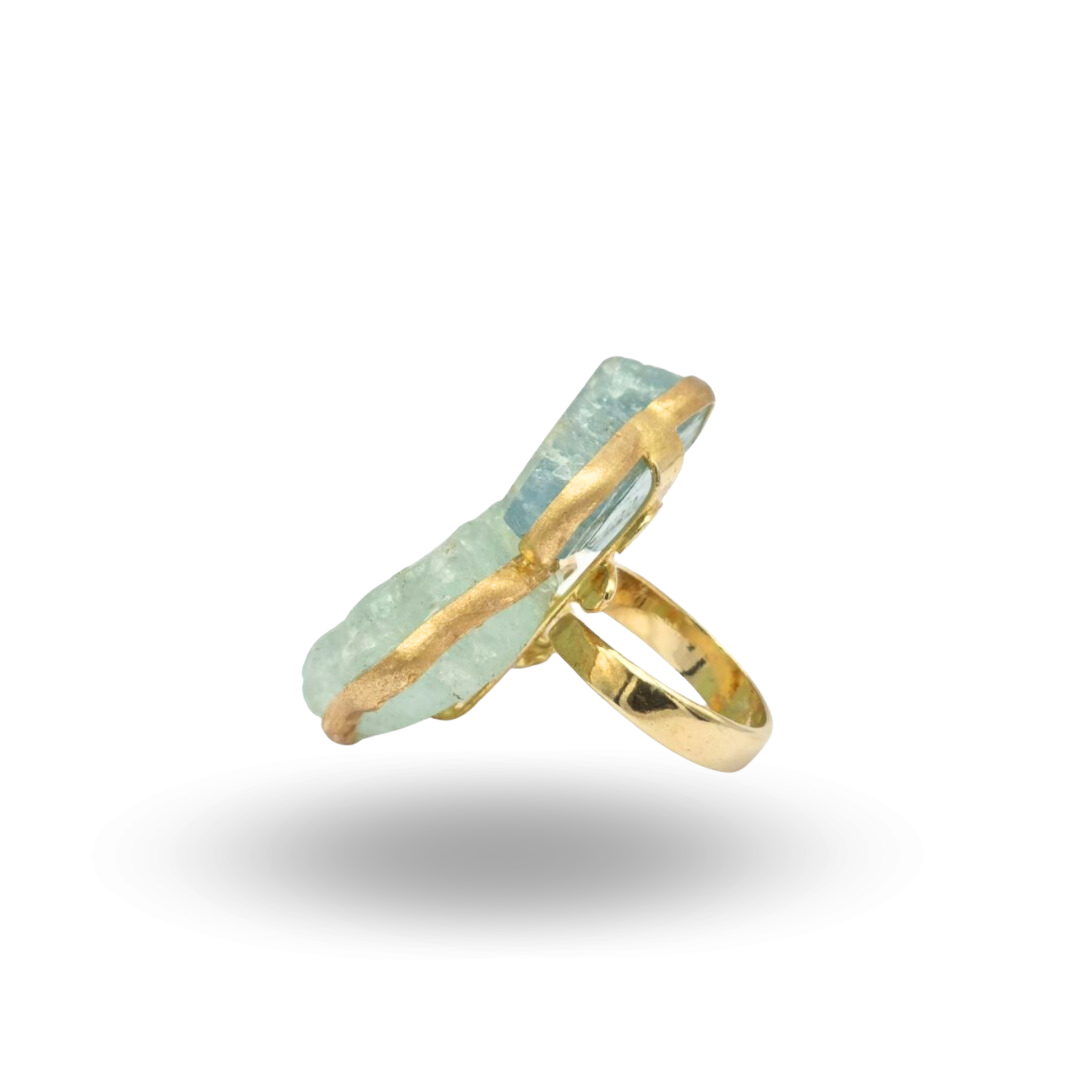 Anello in Argento 925 dorato con sassi di Acquamarina grezza