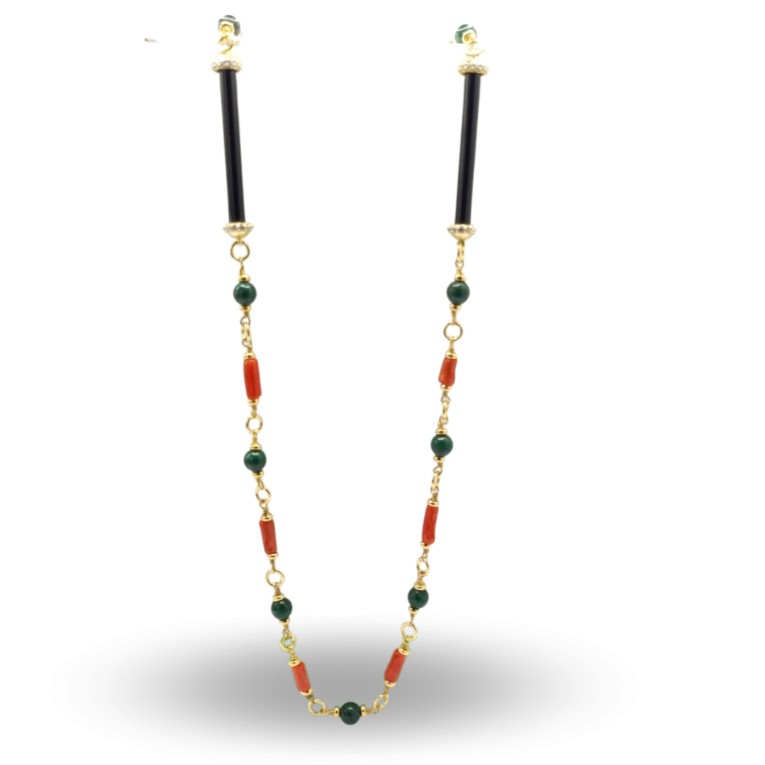 Collana in Argento 925 dorato con Corallo, Malachite e stecche di Onice