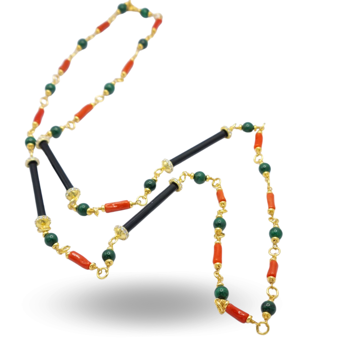 Collana in Argento 925 dorato con Corallo, Malachite e stecche di Onice