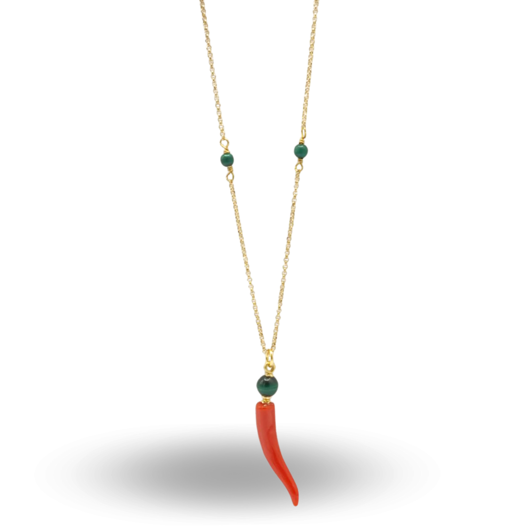 Collana in Argento 925 dorato con pallini in Malachite, Corno in Corallo e Malachite