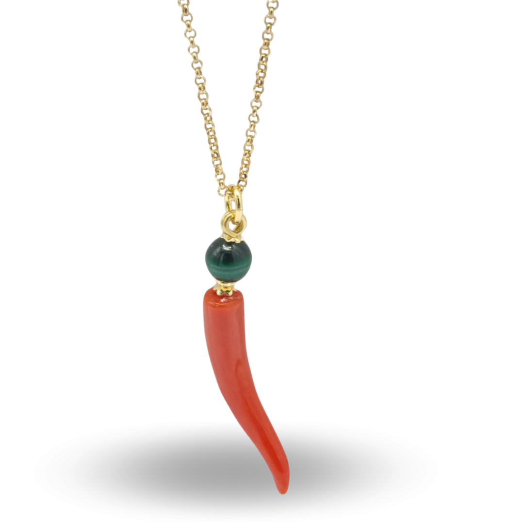 Collana in Argento 925 dorato con pallini in Malachite, Corno in Corallo e Malachite