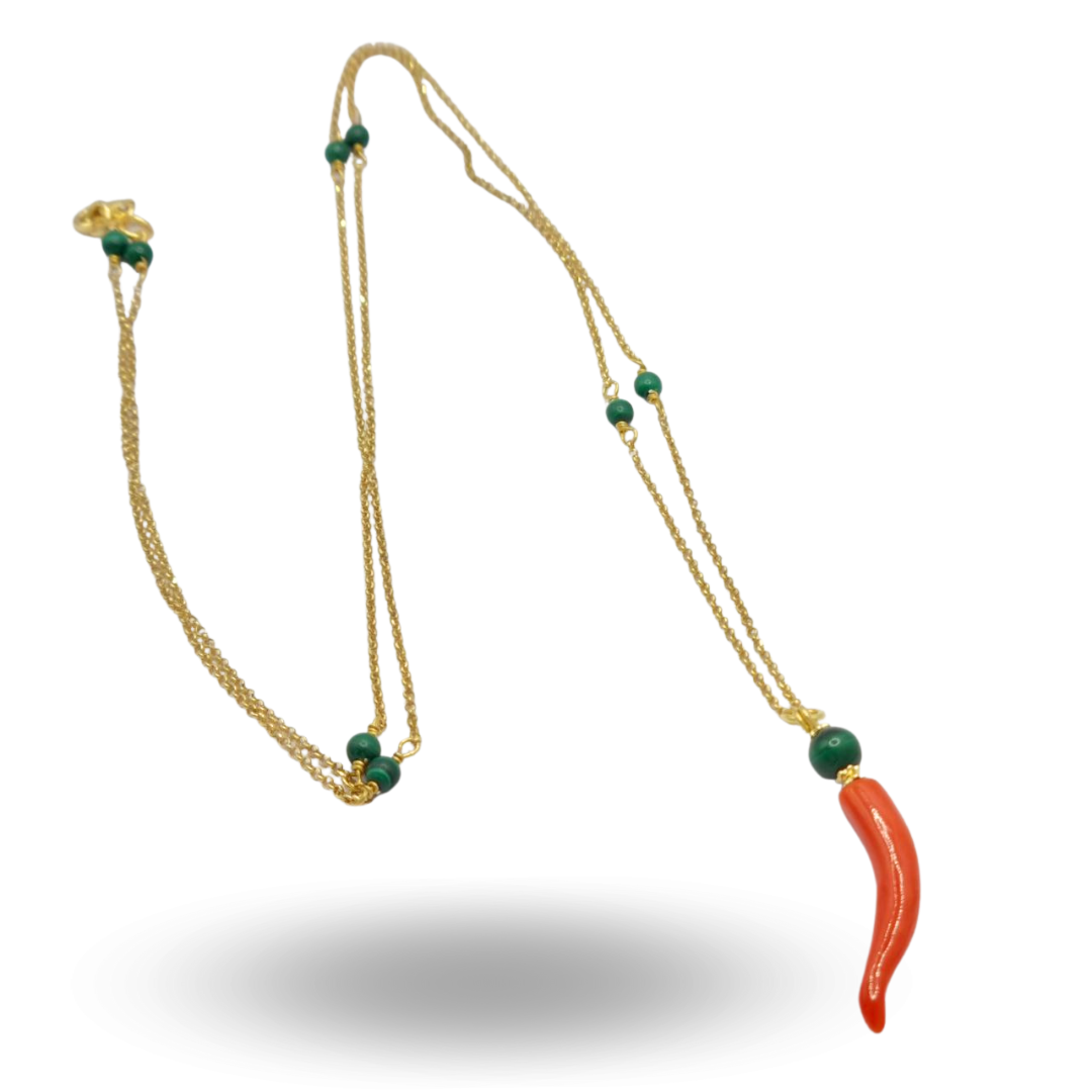 Collana in Argento 925 dorato con pallini in Malachite, Corno in Corallo e Malachite