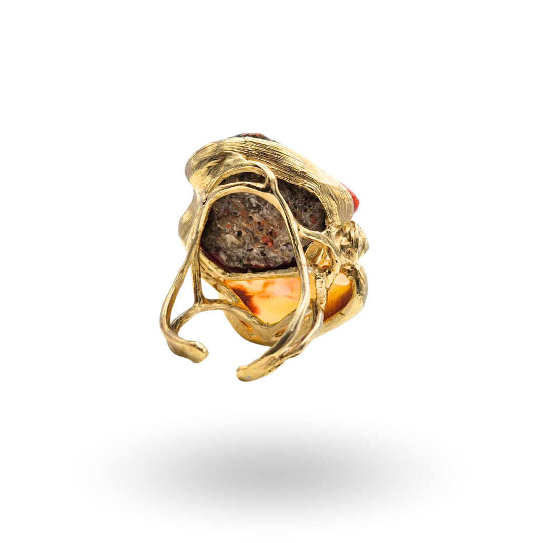 Anello in Argento 925 dorato con sasso di Corallo rosso Mediterraneo e Ambra