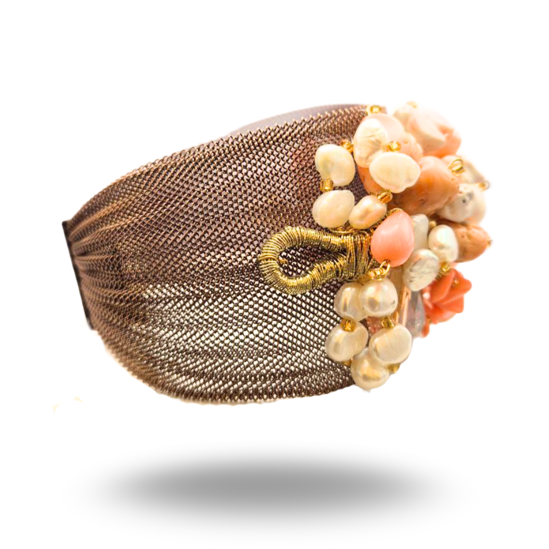 Bracciale a grappolo in Acciaio con Corallo rosa, Perle di fiume, Quarzi e Pietre Naturali - Variante Brown