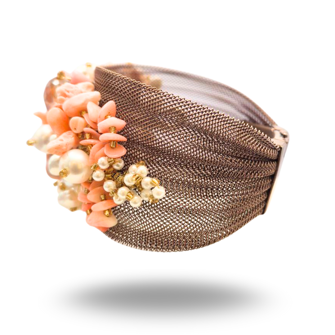 Bracciale a grappolo in Acciaio con Corallo rosa, Perle di fiume, Quarzi e Pietre Naturali - Variante Brown