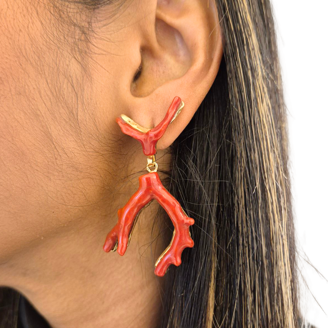 Orecchini in Argento 925 dorato con due rami in Corallo rosso Mediterraneo