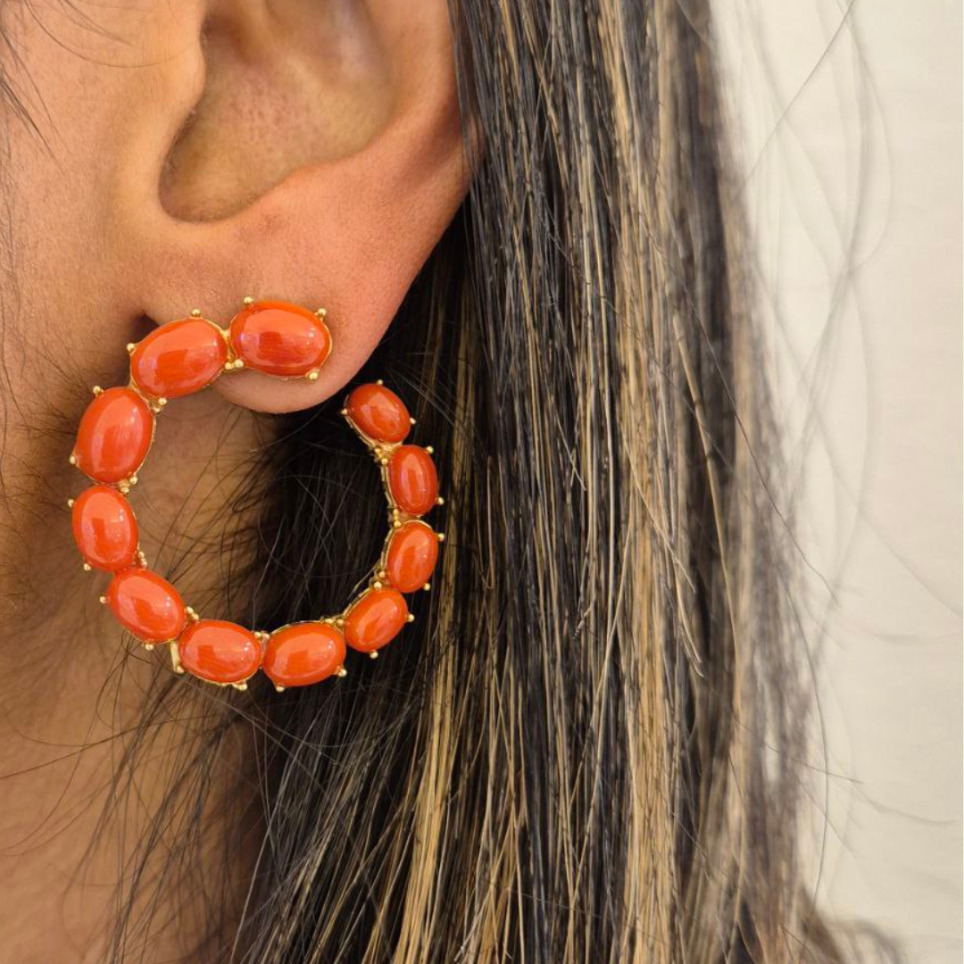 Orecchini in Argento 925 dorato a cerchi aperti con spole in Corallo rosso Mediterraneo