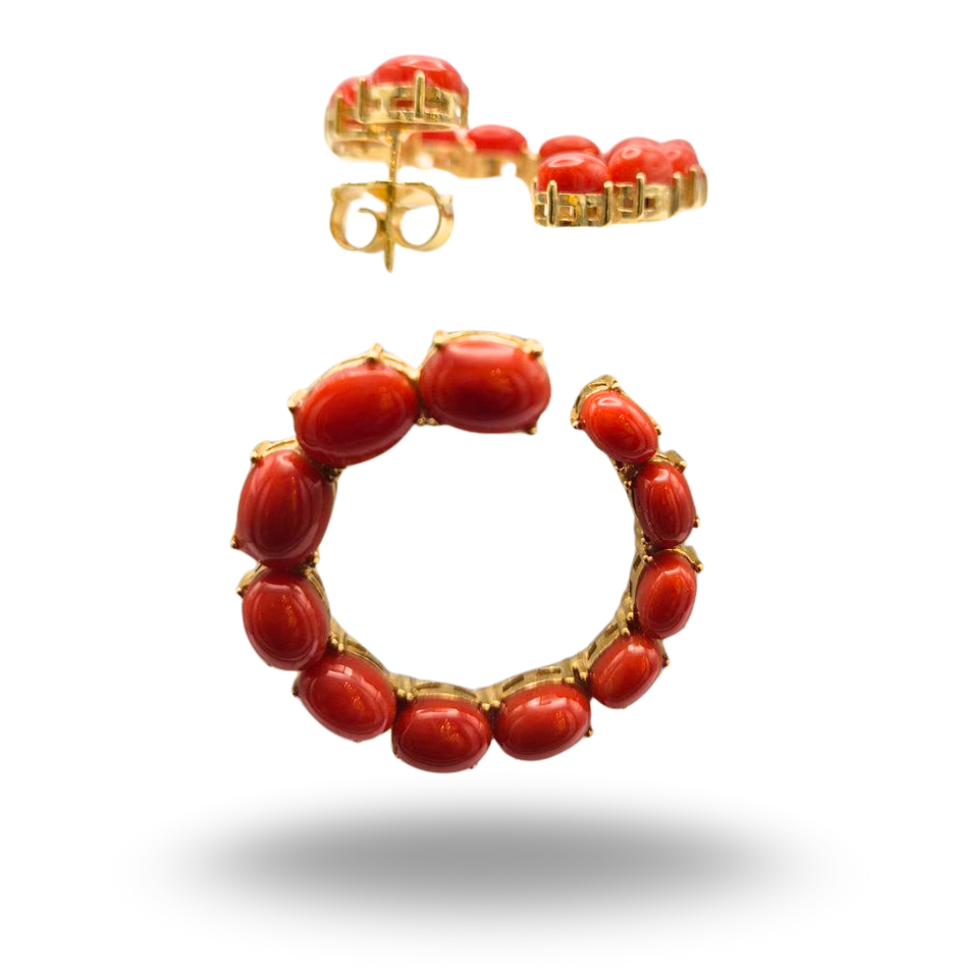 Orecchini in Argento 925 dorato a cerchi aperti con spole in Corallo rosso Mediterraneo
