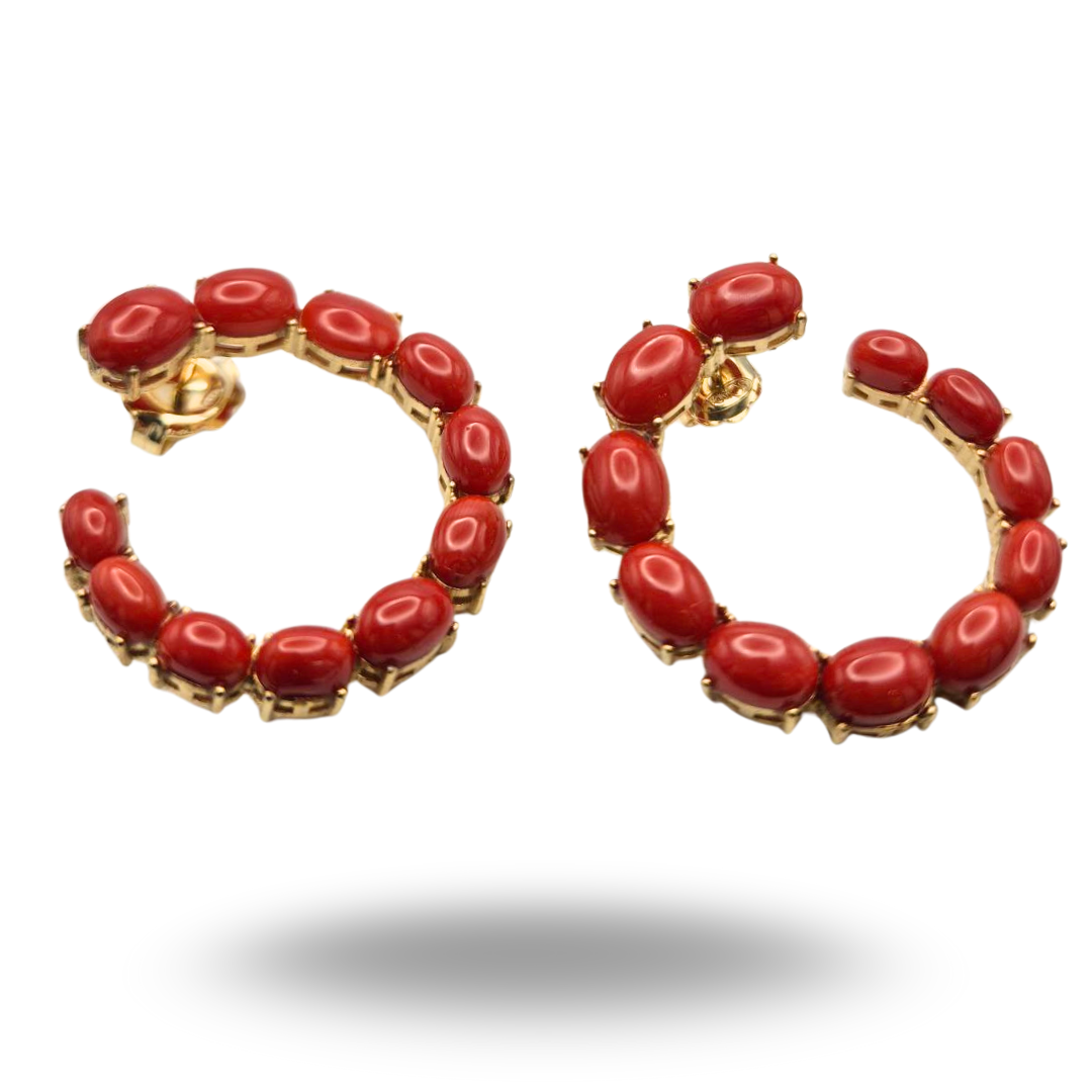 Orecchini in Argento 925 dorato a cerchi aperti con spole in Corallo rosso Mediterraneo