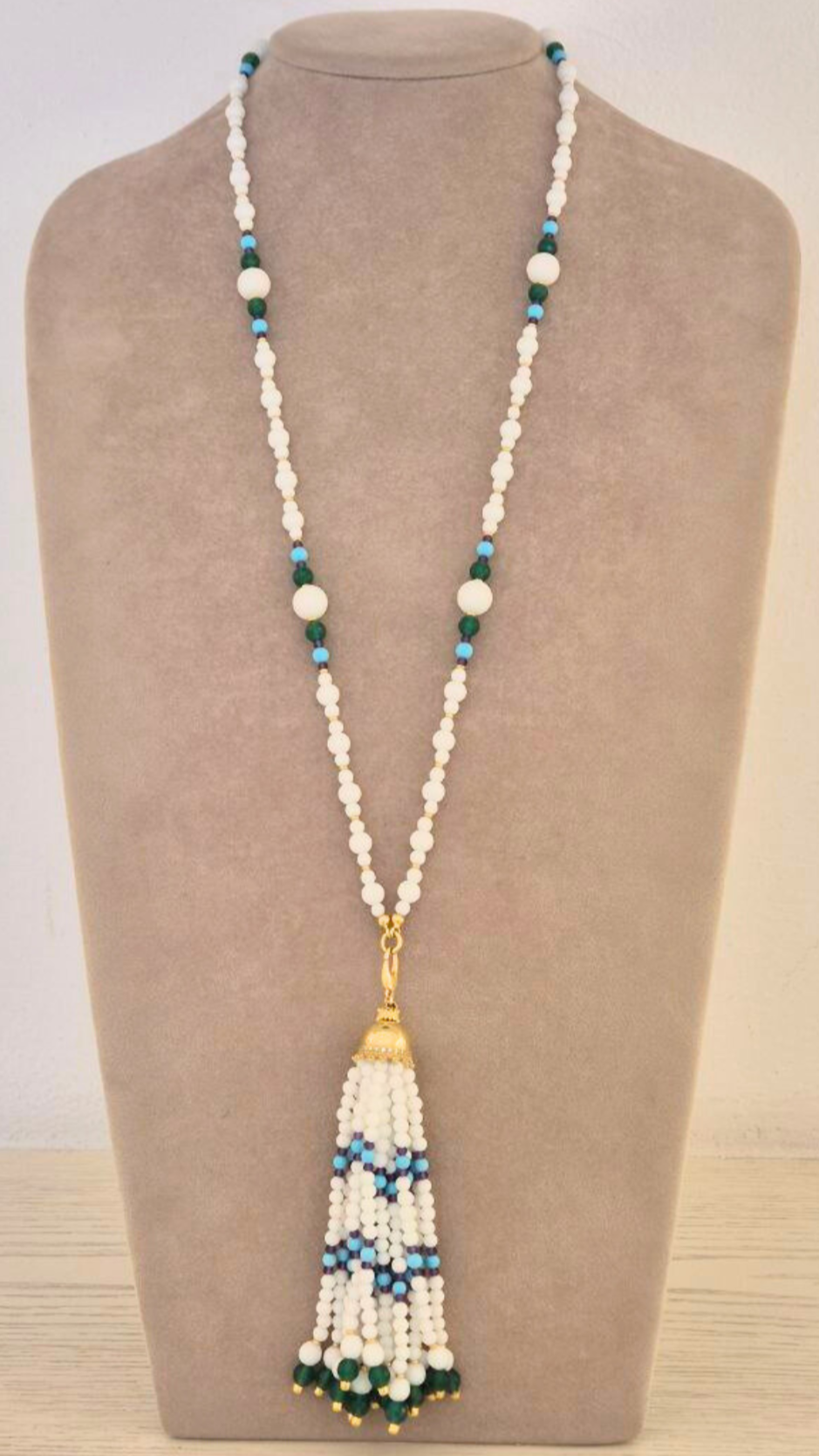 Collana in Pietre Naturali con Agata Bianca, Giada, Ametista e Pasta di Turchese, montata in Argento 925 dorato