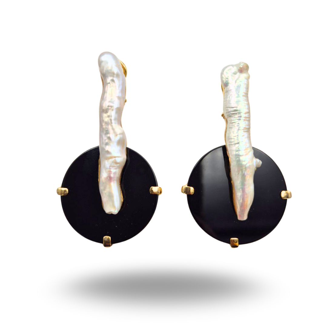 Orecchini in Argento 925 dorato con piastra in Onice e Perla Keshi