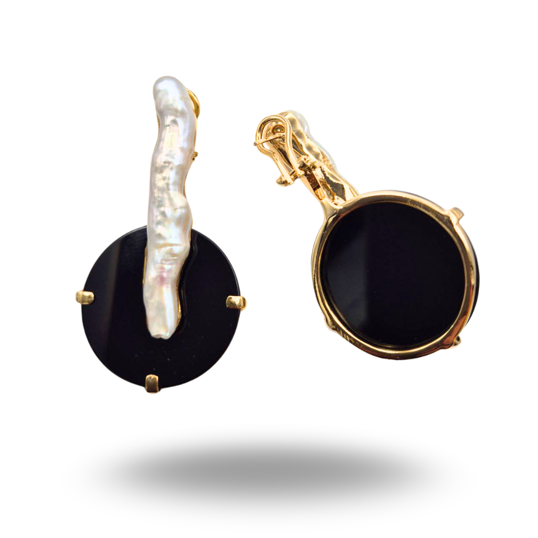 Orecchini in Argento 925 dorato con piastra in Onice e Perla Keshi