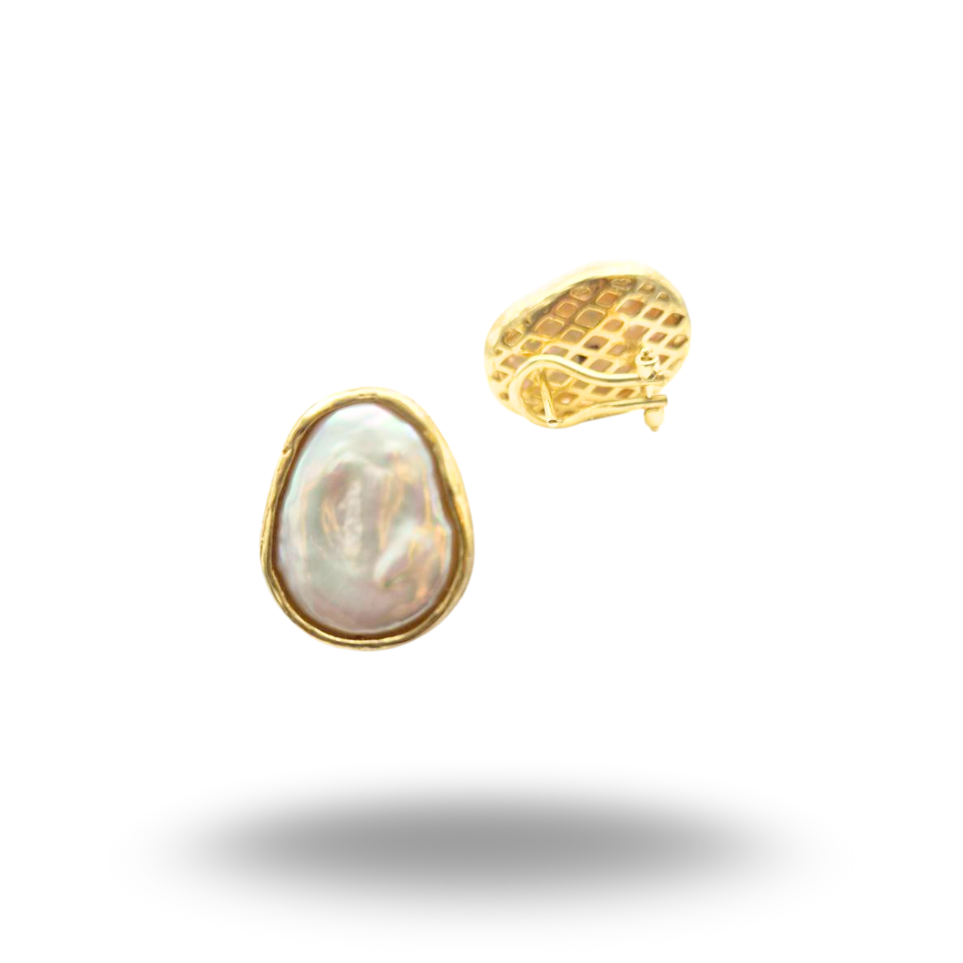 Orecchini in Argento 925 dorato effetto graffiato, con Perle coltivate d'acqua dolce, chiusura con clips e perno