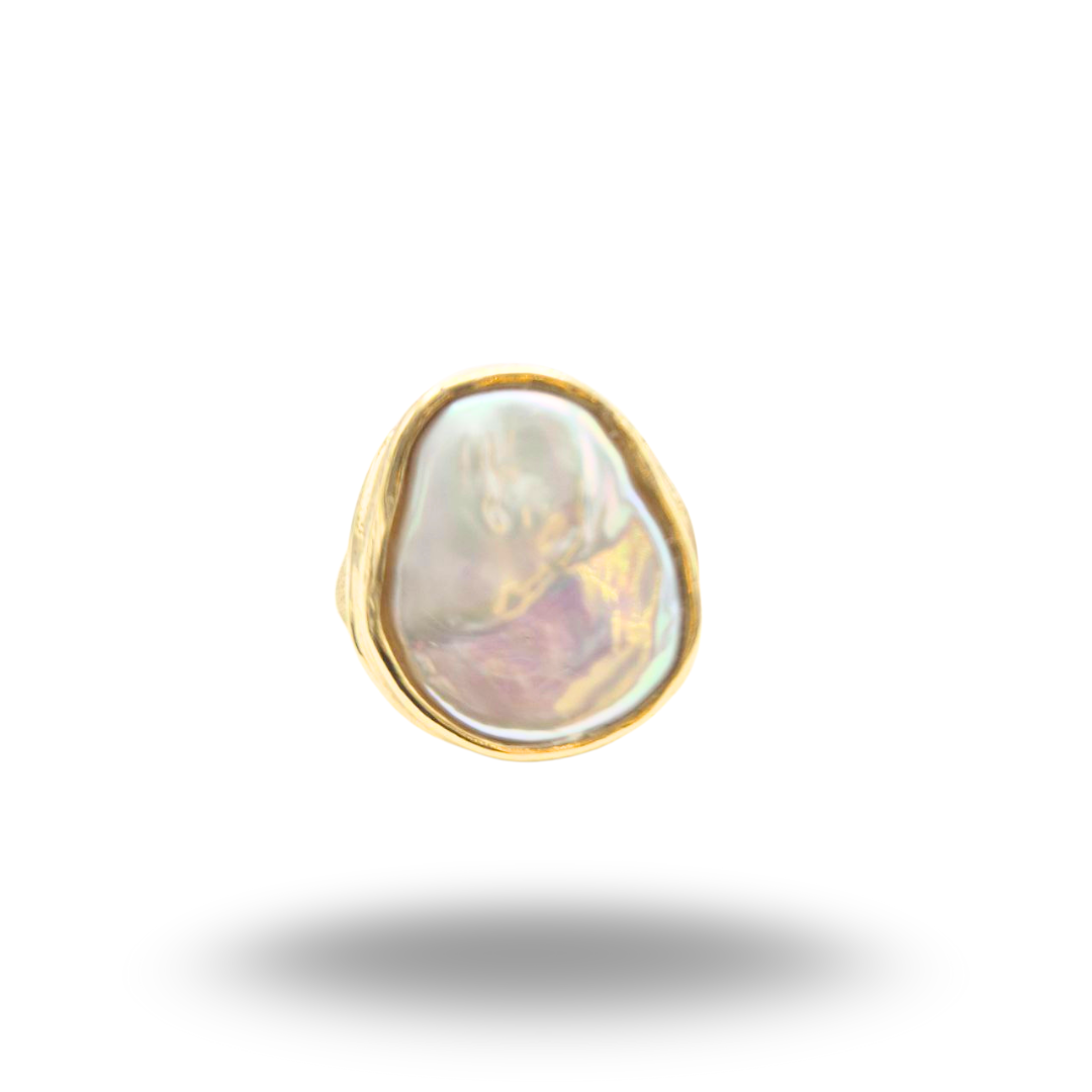 Anello in Argento 925 dorato effetto graffiato, con Perla coltivata d'acqua dolce