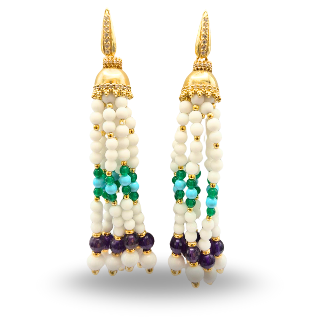 Orecchini Linea Mala in Argento 925 dorato con ciuffi in Agata bianca, Ametista, Giada e Pasta di Turchese