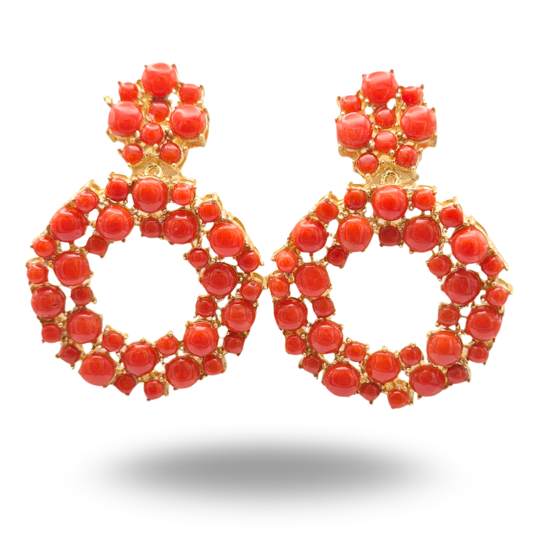 Orecchini in Argento 925 dorato a cerchi modello Chantecler con spole in Corallo rosso Mediterraneo