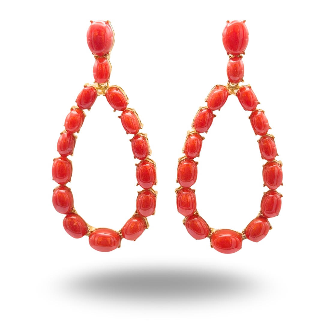Orecchini in Argento 925 dorato a gocce aperte grandi con spole in Corallo rosso Mediterraneo
