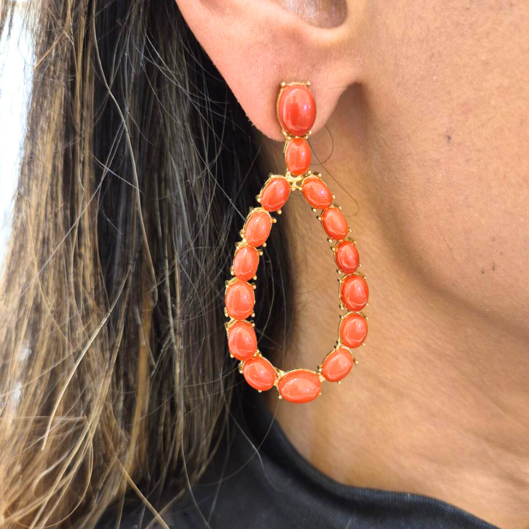Orecchini in Argento 925 dorato a gocce aperte grandi con spole in Corallo rosso Mediterraneo
