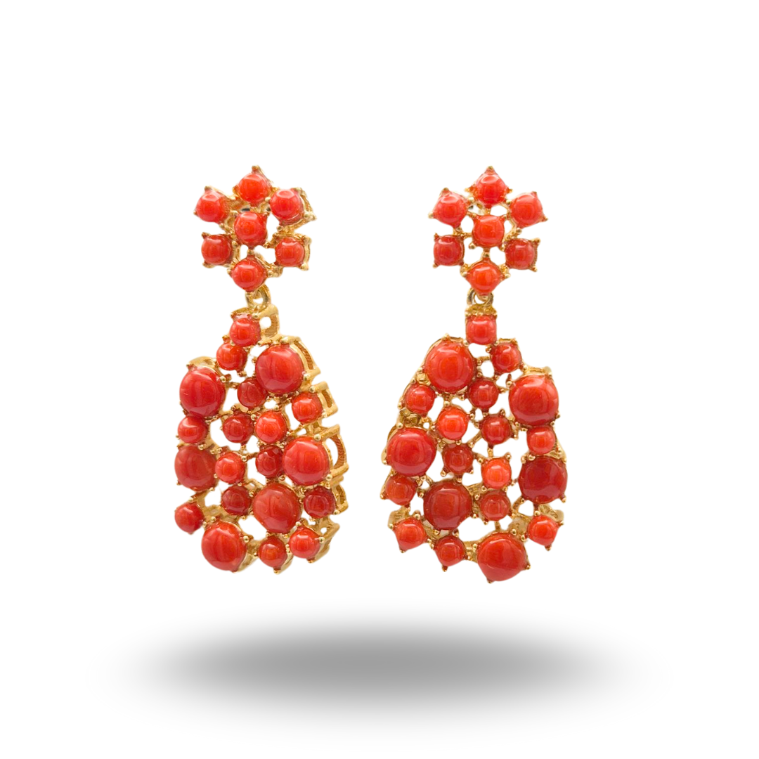 Orecchini in Argento 925 dorato a gocce con spole in Corallo rosso Mediterraneo