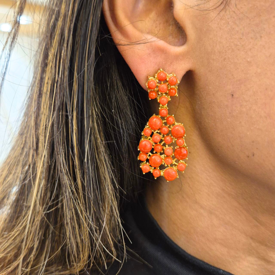 Orecchini in Argento 925 dorato a gocce con spole in Corallo rosso Mediterraneo