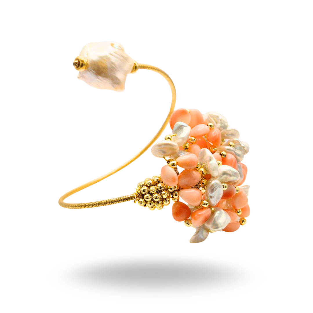 Bracciale a grappolo contrariè in Arg.925 dorato con Corallo rosa e Perle