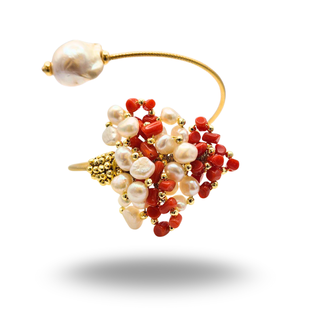 Bracciale a grappolo contrariè in Arg.925 dorato con Corallo rosso Mediterraneo e Perle