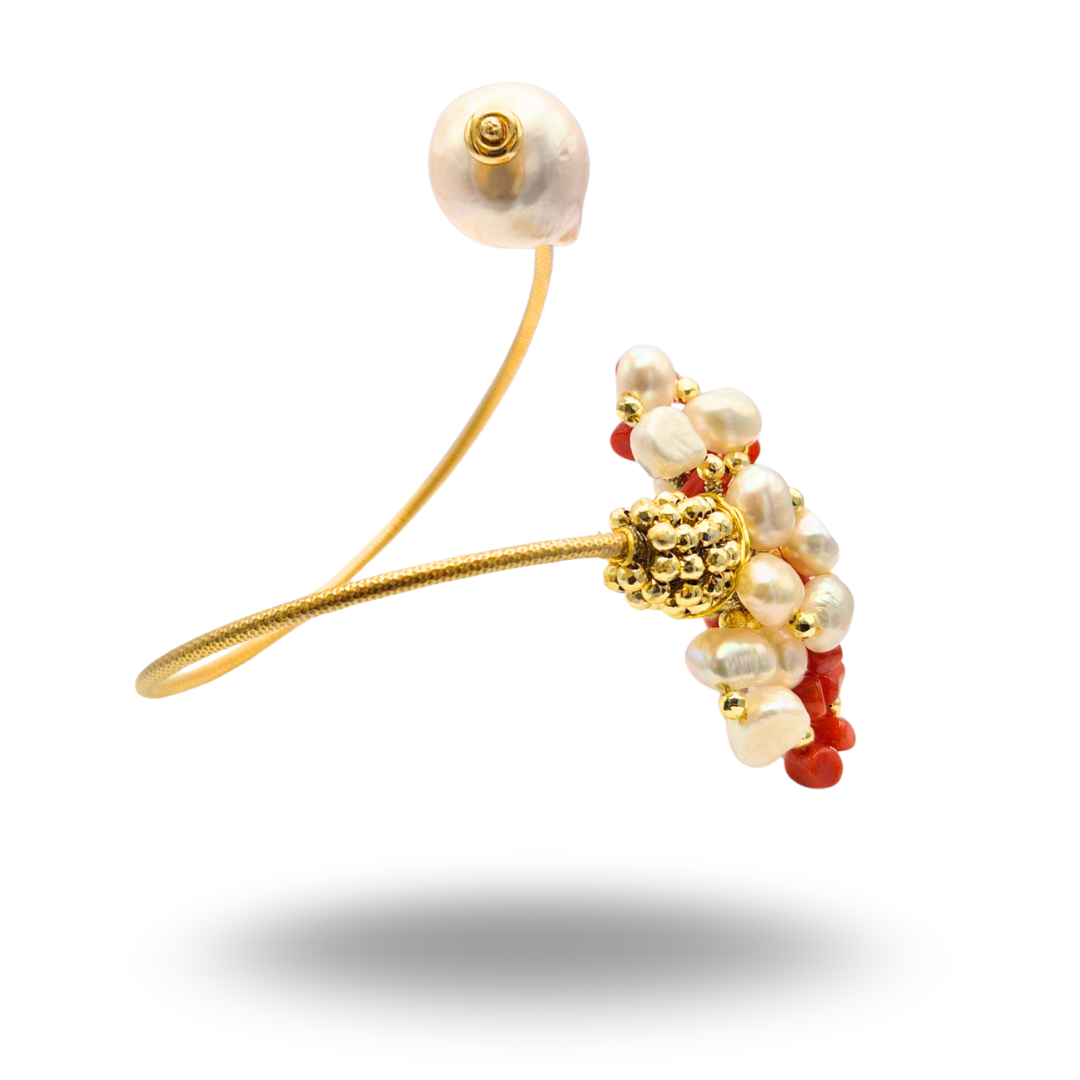Bracciale a grappolo contrariè in Arg.925 dorato con Corallo rosso Mediterraneo e Perle