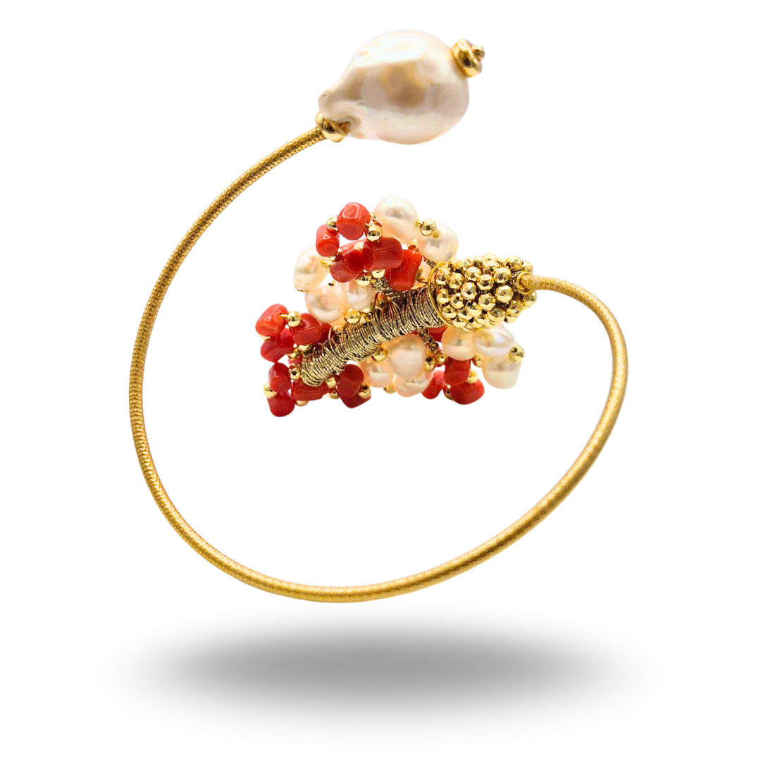 Bracciale a grappolo contrariè in Arg.925 dorato con Corallo rosso Mediterraneo e Perle