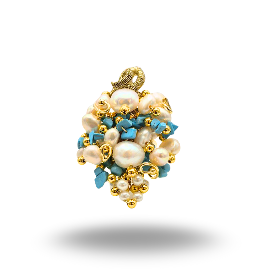 Anello a grappolo in Argento 925 dorato con con Turchese e Perle. Misura regolabile